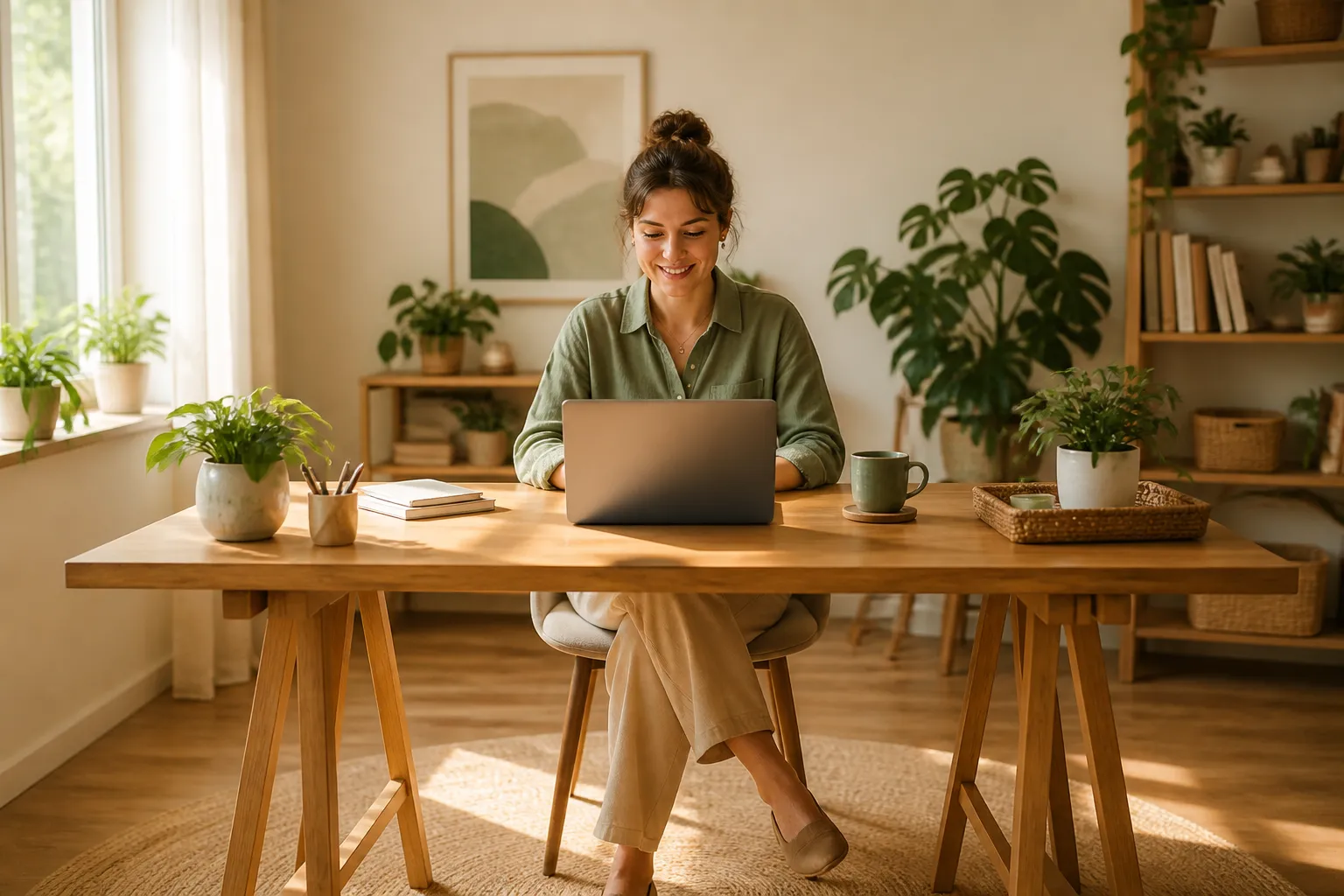 Person working productively at a well-lit home desk with a laptop