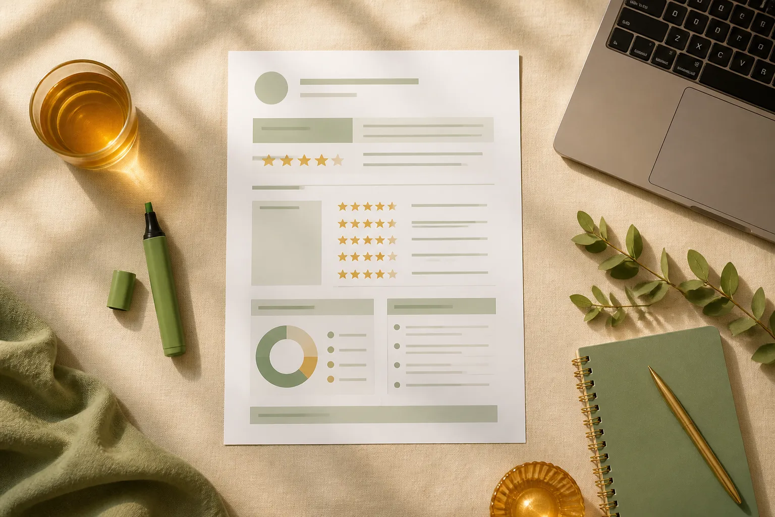 Organised review documents and tools laid out on a clean workspace