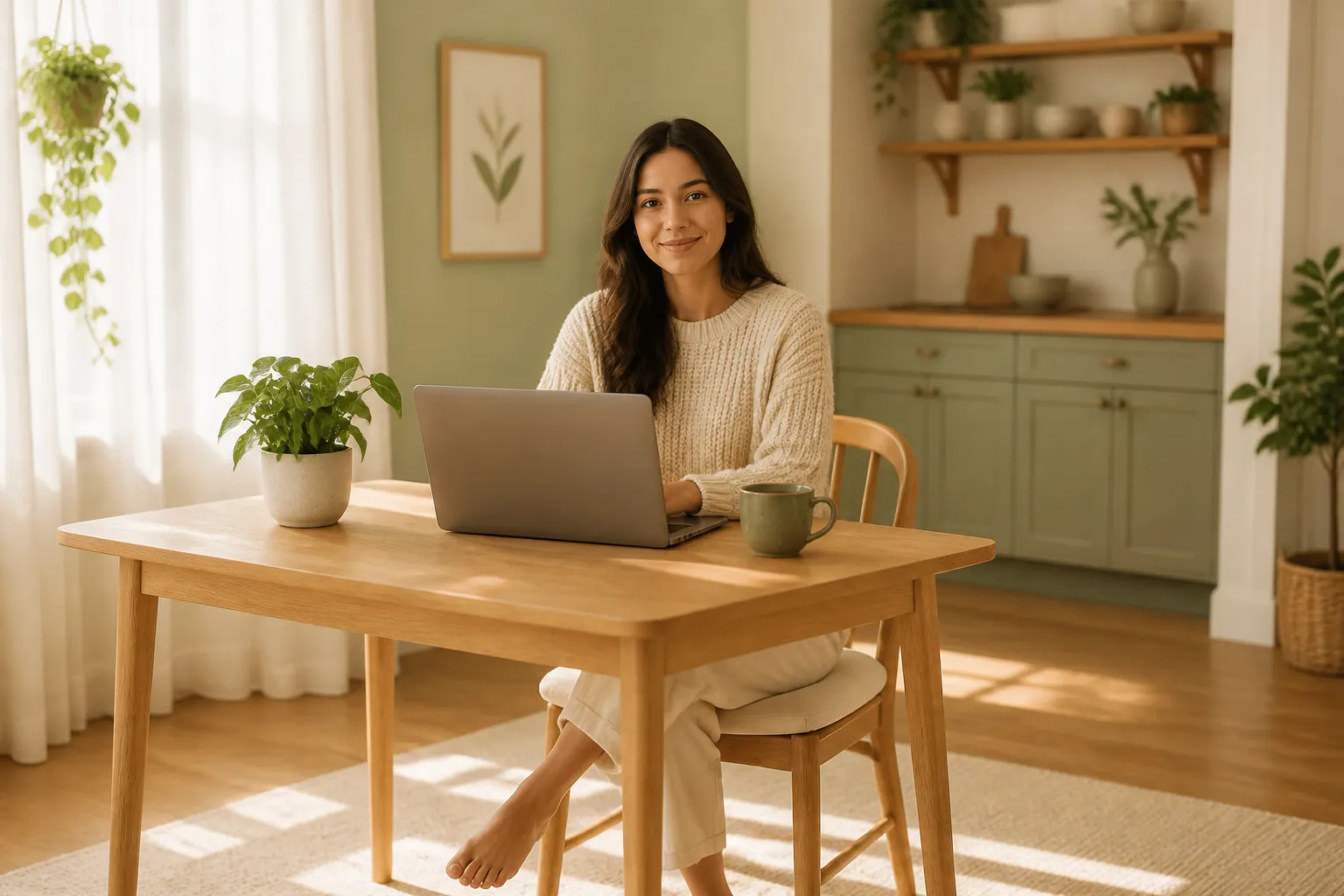Home owner working productively at a sunny kitchen table