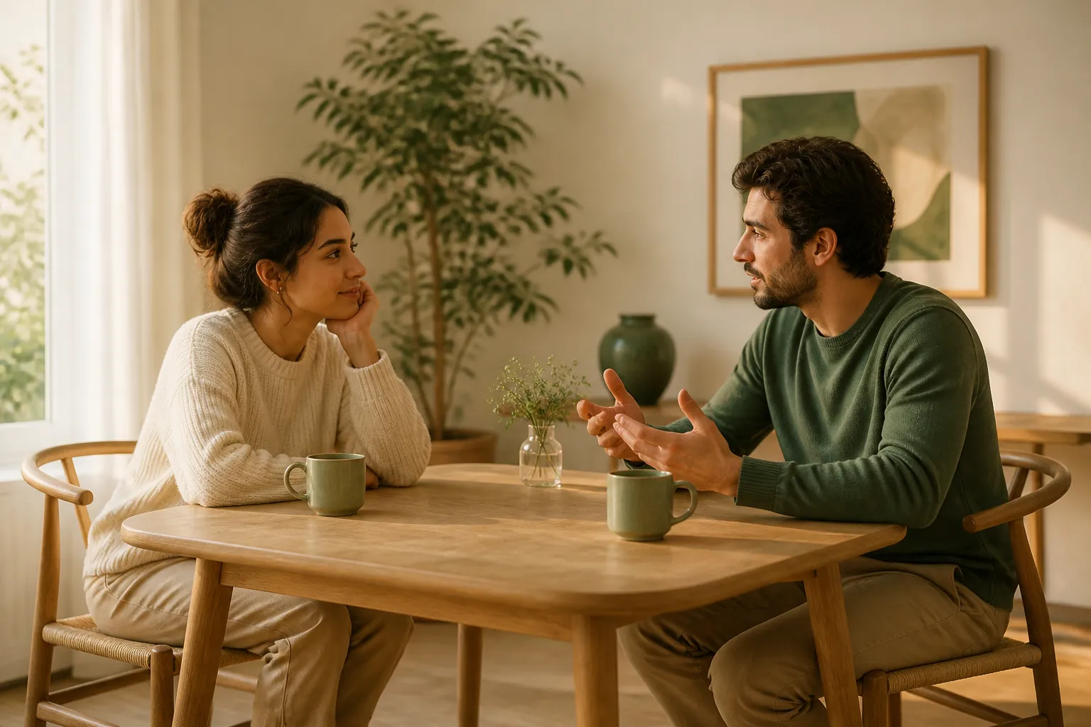 Two people having a genuine, attentive conversation