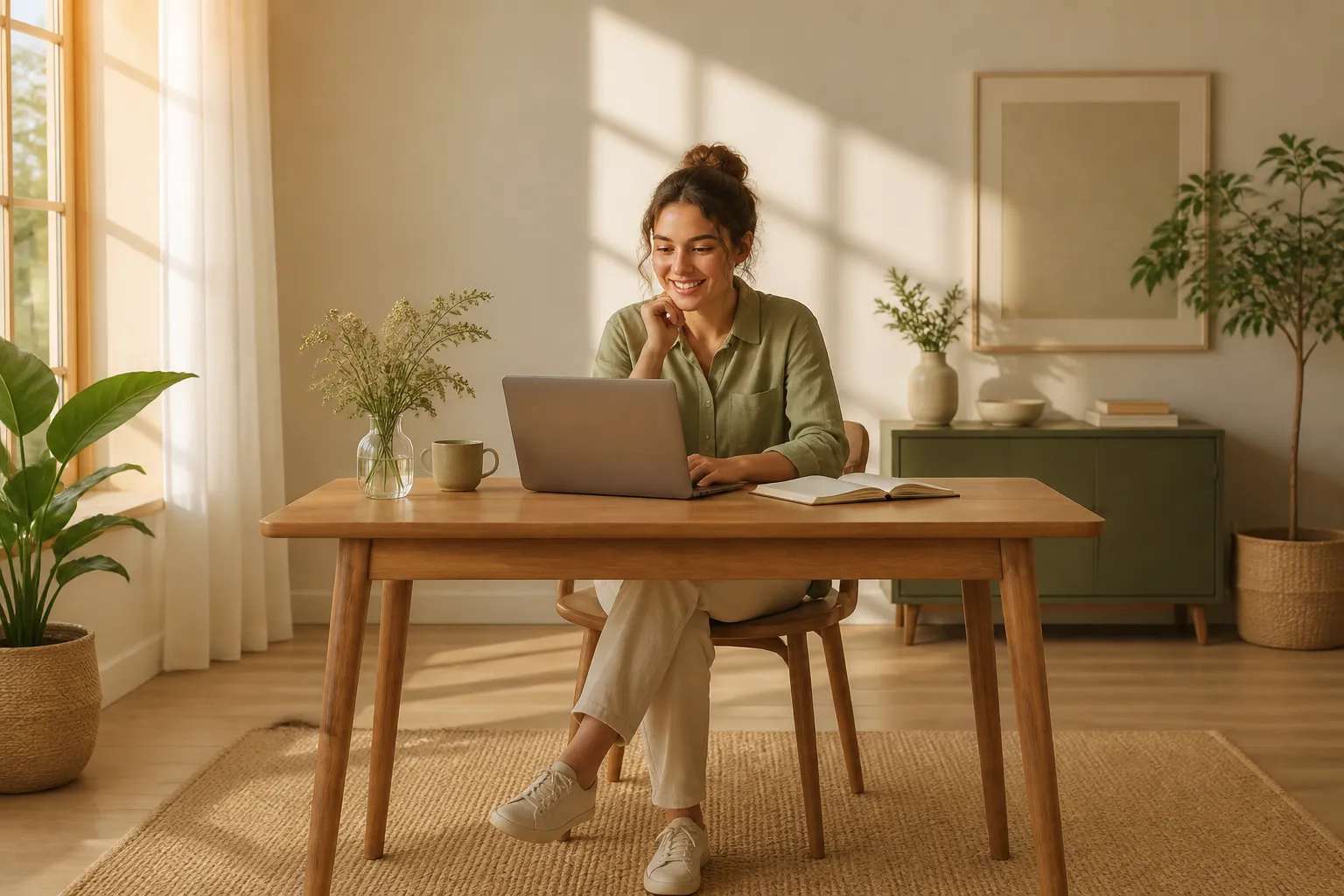 Friendly person at a warm desk ready to reply to a message